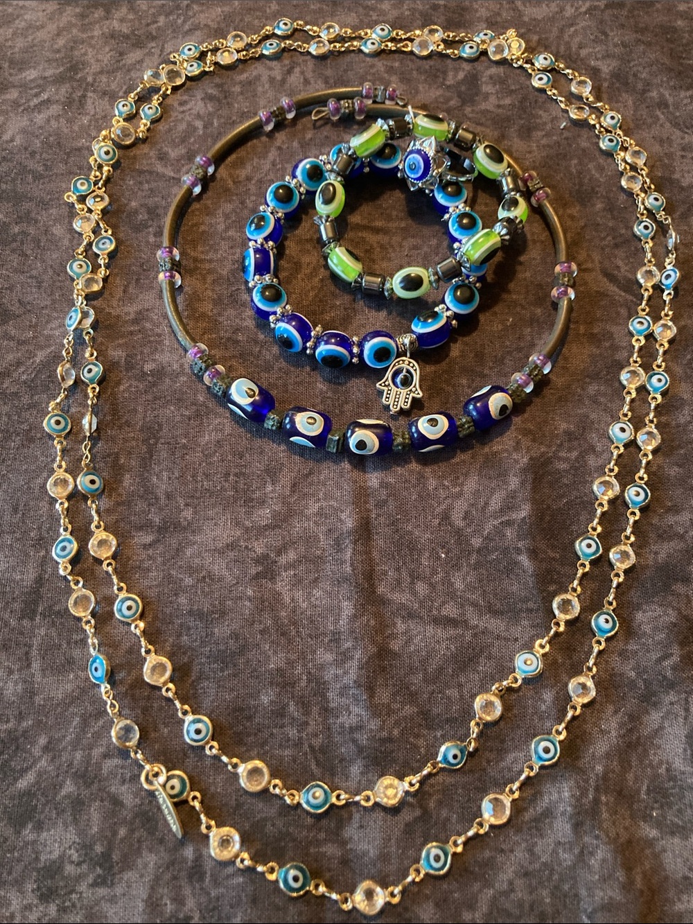 5 Piece Blue and Green Evil Eye Beaded Necklace Ring and Bracelet Set